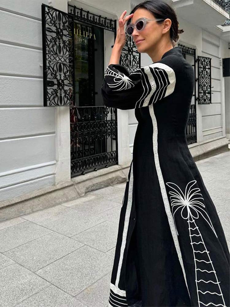 Women Elegant Print A-line Long Dress Fashion Single Breasted Lantern Long Sleeve Lapel Dresses 2024 Lady Casual Street Vestidos